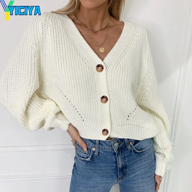 

YICIYA Knitwears Cardigan Female Sweater Korean Fashion Long Sleeve Loose Coats Casual Button V Neck Solid Tops Womens Clothing