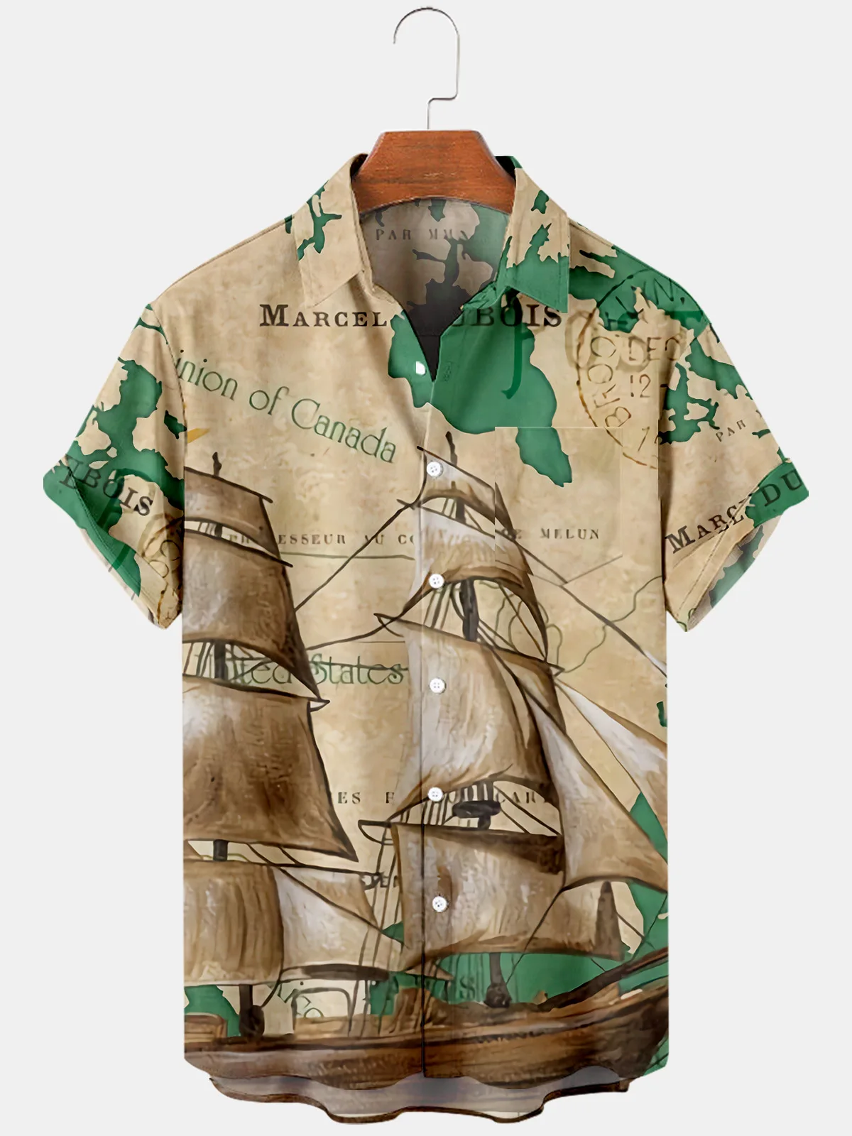 2021 men's trendy leisure boat airplane pattern fashion shirt summer short-sleeved lapel button casual shirt
