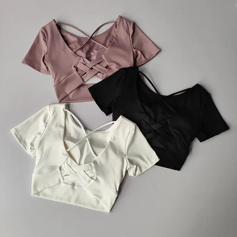 

Beauty back with chest pad fitness suit short sleeved women's running fitness T-shirt short dance top