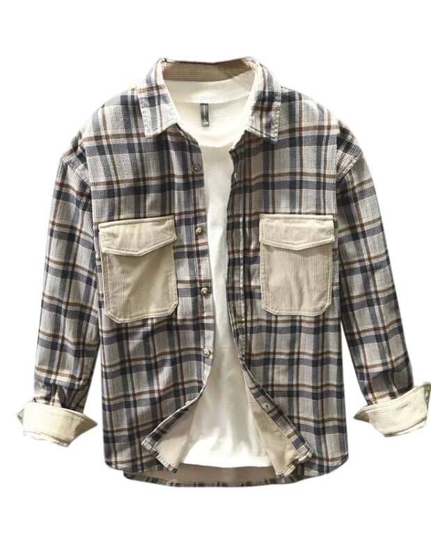 Corduroy Shirt Casual Full Sleeve Thick Patch Pocket Design Button Up Men's Casual Plaid Panel Shirt