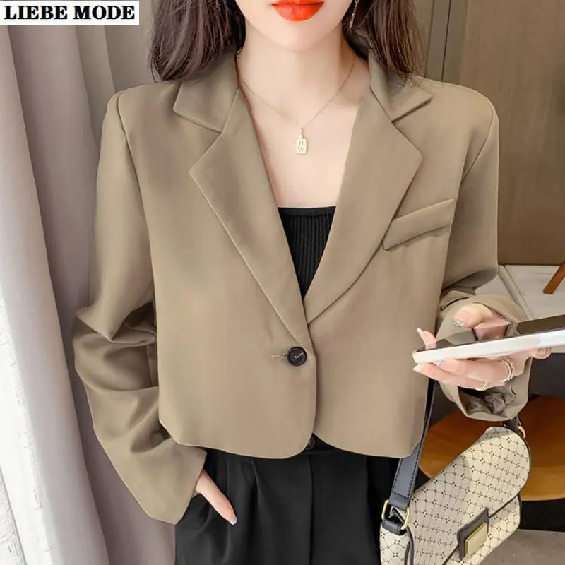 Korean Cropped Blazers Women Black Khaki One Button Outerwear Female All-match Long Sleeve Office Suit Jacket Coat