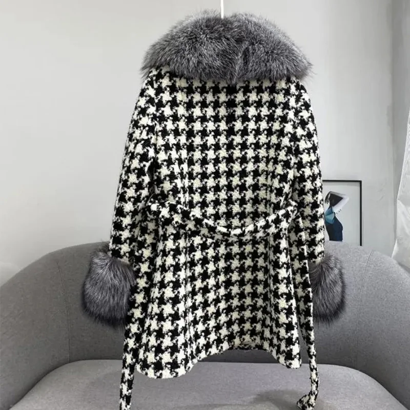 Fashion High-End Fur Coat Women 2022 Winter Imitation Silver Fox Fur Collar Medium Long Thousand Bird Check Temperament Coats
