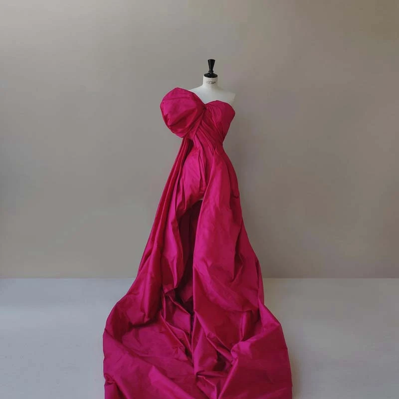

Chic Rose Red Satin Wedding Banquet Dress Puffy Sleeve Strapless Hi Low Bridal Dresses For Women 2022 Custom Made Robe De Soiree