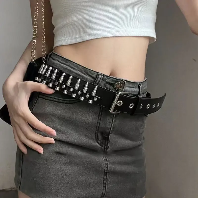 2023 New Style Cropped Studded Bullet Head Punk Rock Belt Women's Jeans Decorative Korean Version Versatile Black Leather