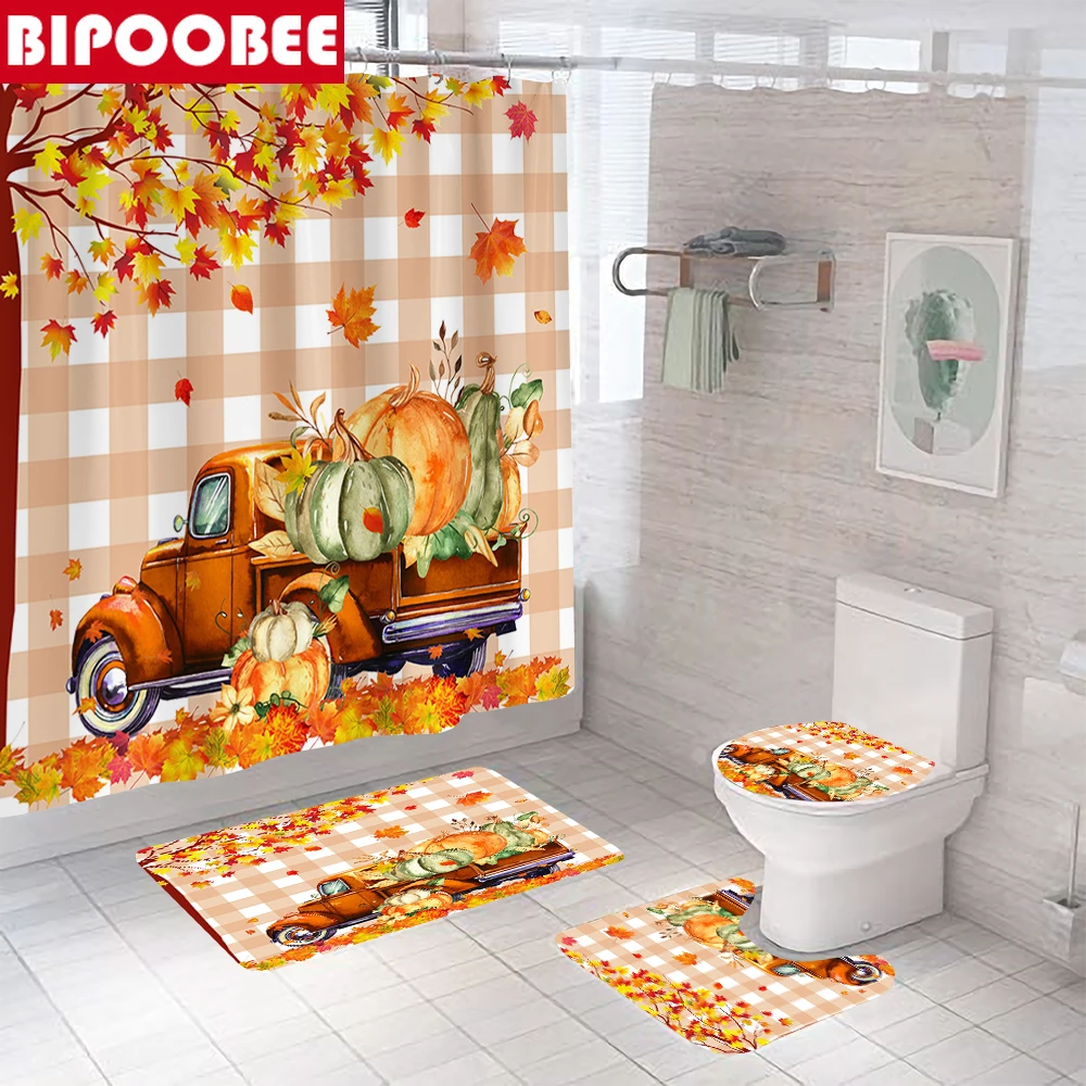 

Maple Pumpkin Autumn Harvest Print Shower Curtain Fall Bathroom Curtains Set Bath Mats Rugs Toilet Lid Cover Non-slip Carpet