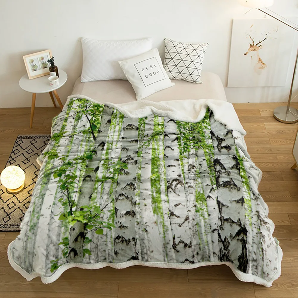 

White Birch Green Winter Wool Plush Throw Blanket Adult Kid Thick Travel Office Sherpa Fleece Blankets Sofa Bed Bedspread
