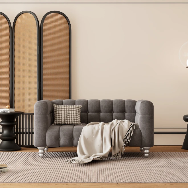 

Современный голландский мягкий диван 63 дюйма с ножками из массива дерева, стеганая спинка серого цвета на пуговицах