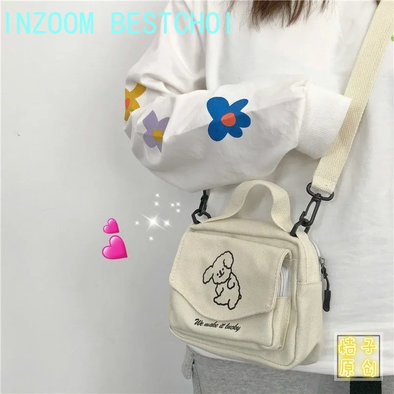 Senhoras moda lona pequena bolsa quadrada versão coreana multifuncional bonito cão um-ombro diagonal pacote do telefone móvel