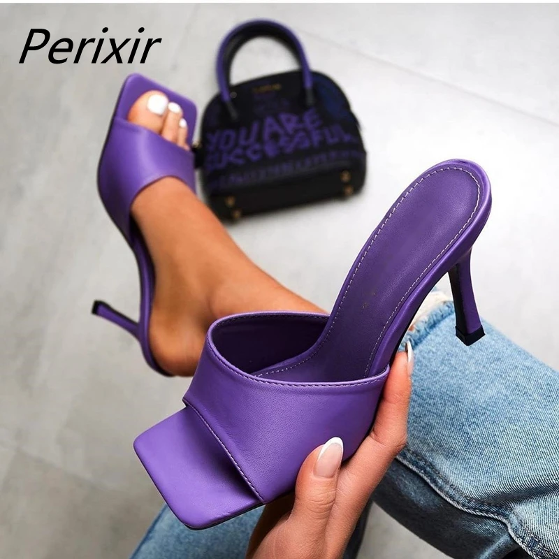 

Perixir Design Women Sandals Summer Open Square Toe Slide Stiletto Heel Slip On Purple Footwear Sweet Fashion Ladies Shoes