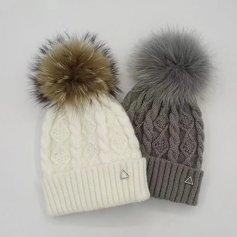 

Winter Ladies Decorated Warm Plus Size Twist Pattern Versatile Fox Fur Ball Men's Fleece Wool Ear Protection Knitted Wool Hat