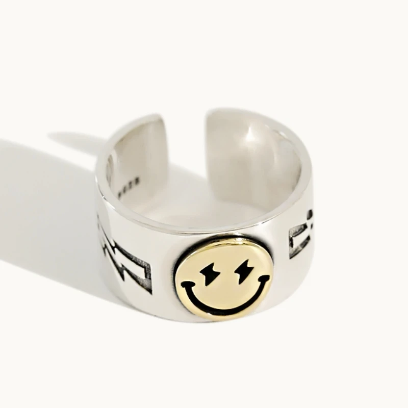 

Happy Smiley Face Lightning Large Retro Golden Gothic Silver Color Female Resizable Opening Ring For Women Fashion Jewelry