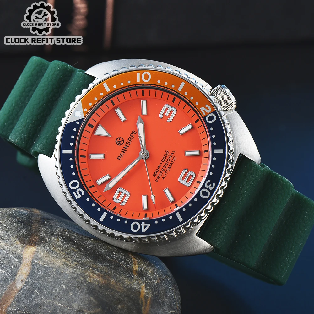 

Parnsrpe - 45mm Orange Big Abalone Brushed Stainless Steel Men's Watch NH35A Sapphire Waterproof Case Green Lightweight Strap
