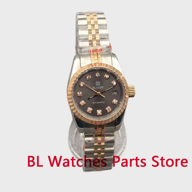 BLIGER 26mm Women Mechanical Watch Two-ton Gold Case NH05A Movement Sapphire Crystal Stainless Steel Fluted Bezel Jubilee Strap