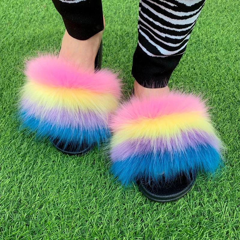 2022 Summer Womens Plush Fluffy Sandals Real Faux Fur Slippers Women Flat Slides Home Flip Flops Female Slipper Sapato Feminino