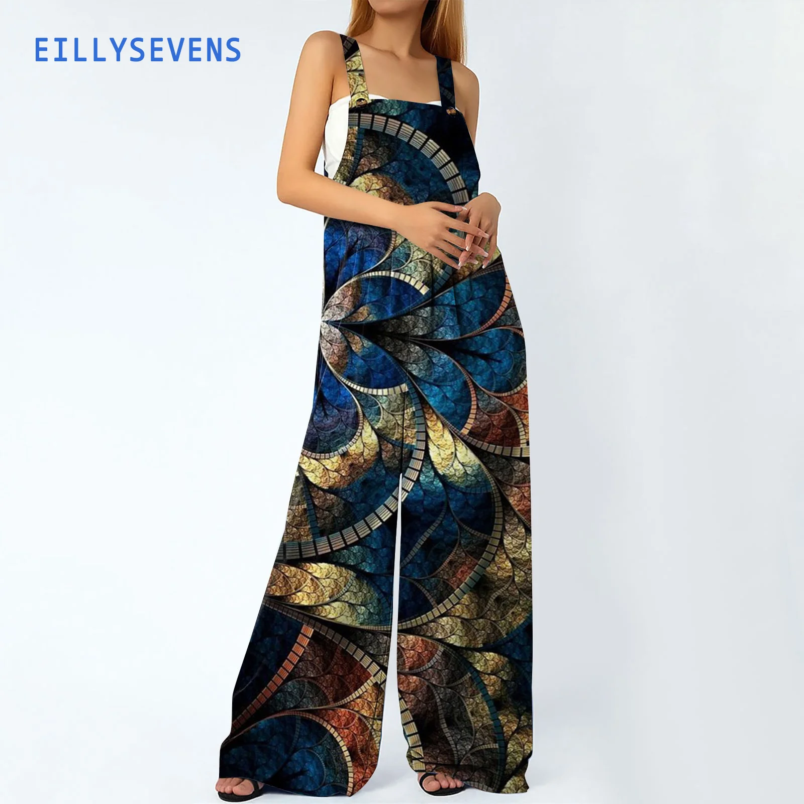 

Женский свободный комбинезон без рукавов, повседневный длинный брючный комбинезон в стиле ретро с принтом и карманами, модный жилет с широкими штанинами