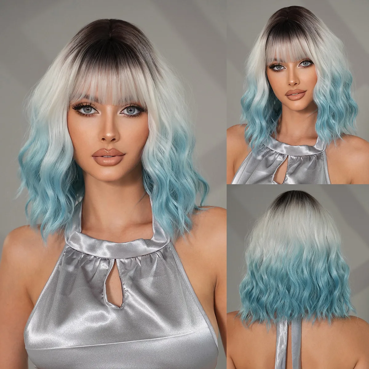 Фото Парик GUHUAN Dark Root Silver To Sky Blue Ombre, короткий волнистый боб с челкой, градиентный, с эффектом водной волны, из термостойкого синтетического волоса. №1