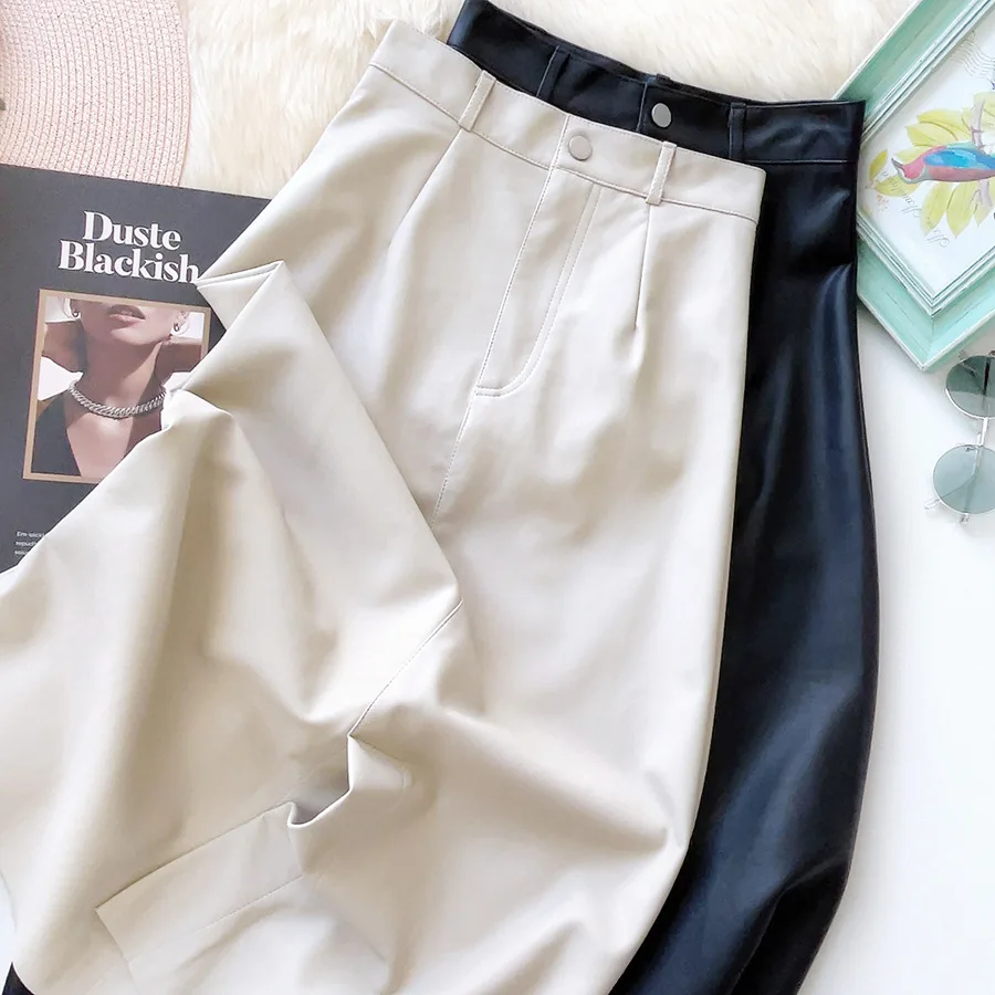 

Office Ladies Skirt Pu Leather Women Autumn 2022 New High Waisted Harajuku Casual Solid A-line Long Skirt Female