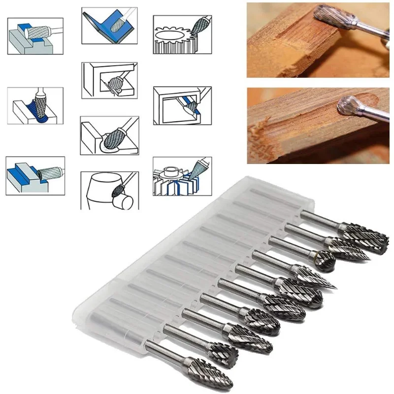 

10 Pcs/set Tungsten Carbide Milling Cutter Rotary Tool Burr Double Diamond Cut Rotary Dremel Tools Electric Grinding