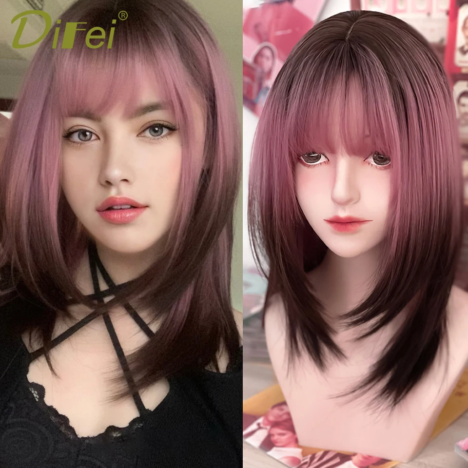 

Medium Straight Short Bob Synthetic Wigs For Women Cosplay Wig With Bangs Natural Hair Layered Lolita Party Wig Female Heat Resi