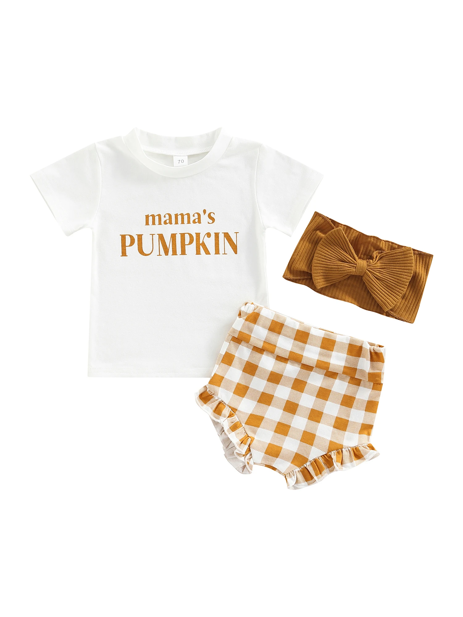 

3Pcs Baby Girl\u2019s Clothes Set Fashion Letter Short Sleeve T-shirt and Plaid Shorts Headband
