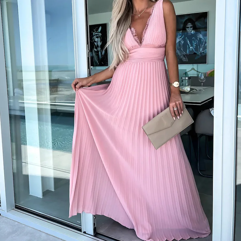 

Женское длинное кружевное платье, элегантное лоскутное платье с V-образным вырезом и широким подолом, летнее Привлекательное платье без рук...