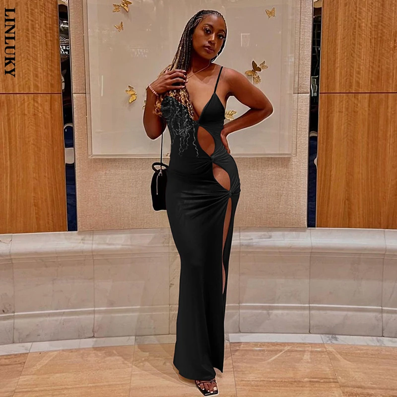 

Summer New Suspenders Open Back Dress For Women Sexy Hollow Slim Fit Hip Temperament Club Party Long Dresses Woman Clothing