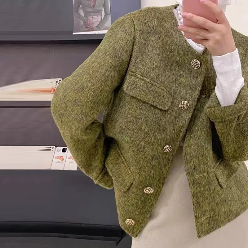 

Корейский женский короткий стиль шерстяное пальто с круглым вырезом Новый кардиган однобортный жакет