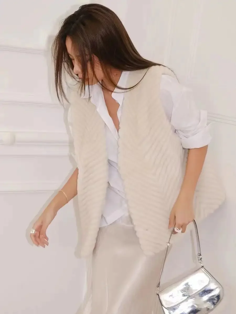 Женский короткий жилет из искусственного меха свободный Трикотажный с V-образным