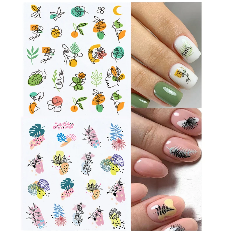 

Water Transfer Stickers Hand Drawings Faces Ladies Flowers Leaves Nail Decals Decoration For Nail Art Manicure Beauty