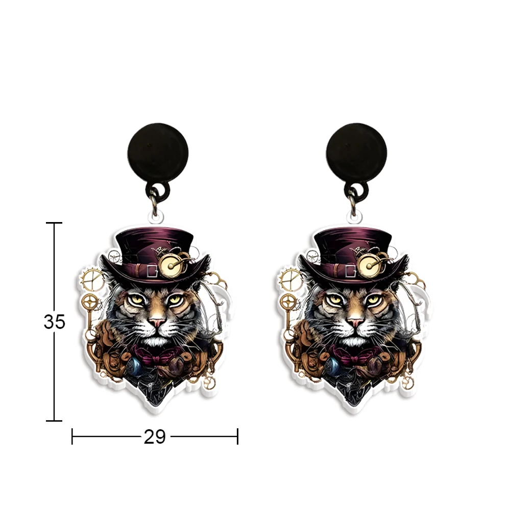 

Steampunk Cat Top Hat Photograph Dangle Acrylic Earrings Black Tape Jewelry Earrings Resin Hook Earring