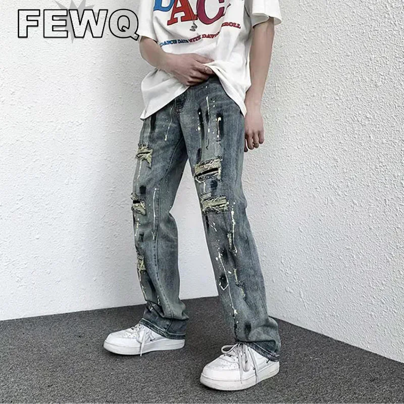 

FEWQ Y2k Splash Ink Men's Ripped Jeans High Street Male American Style Denim Pants Casual Retro Trousers 2023 Spring New 24B1880