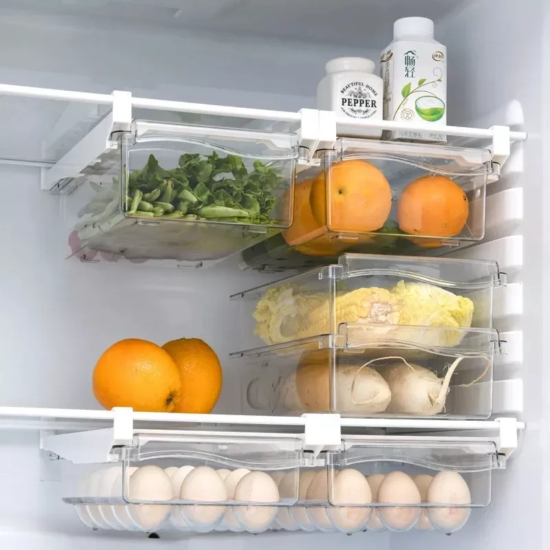

2pcs Fridge Organizer Fruit Egg Refrigerator Storage Box Under-shelf Refrigerator Drawer Box Fresh-keeping Kitchen Organizer