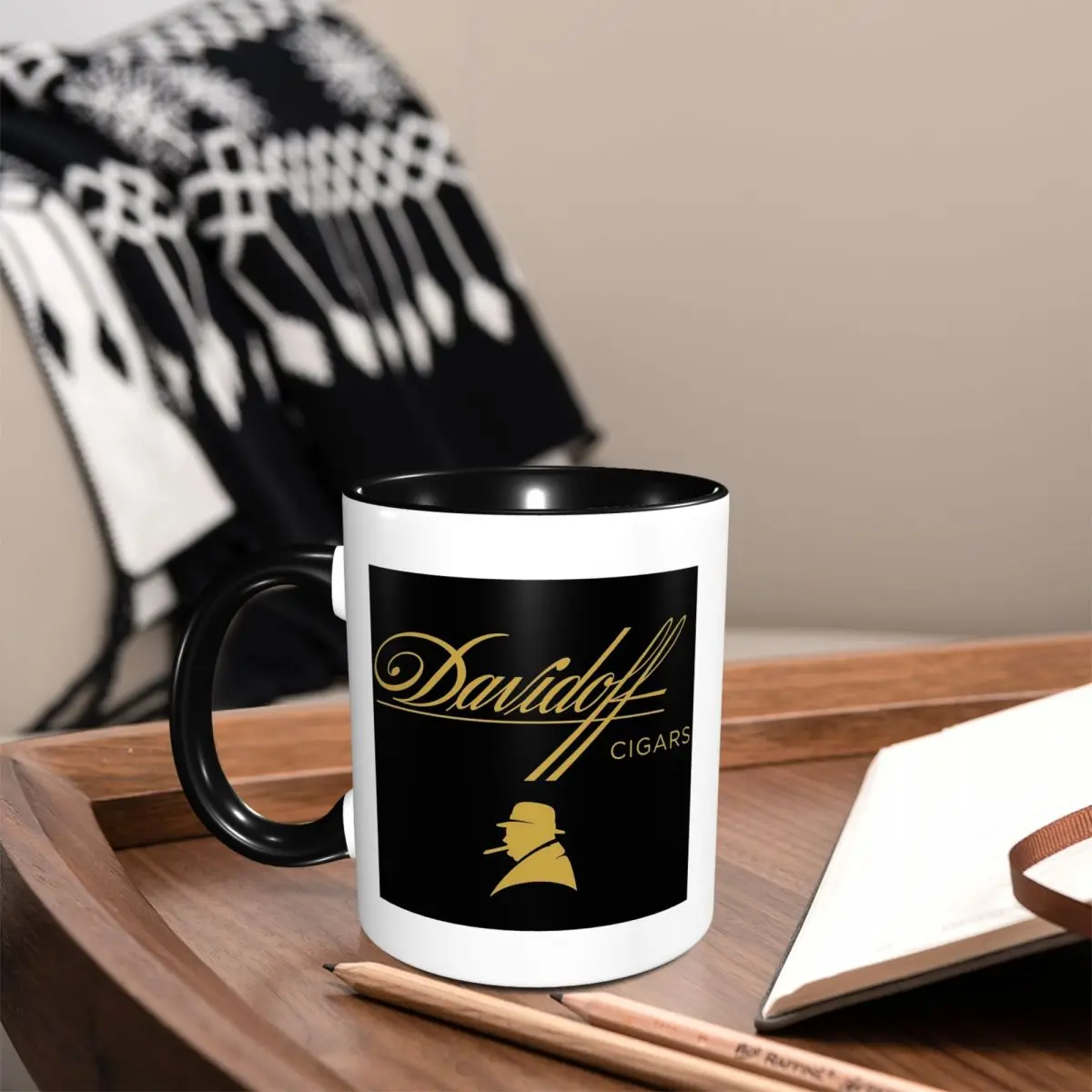 Фото Забавная керамическая кружка Davidoff Cigars Black Mug для кофе, чая, молока, посуда для напитков, подарок для женщин и мужчин №2