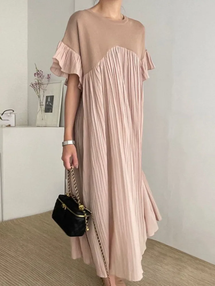 Женское длинное свободное платье с круглым вырезом плиссированное составного