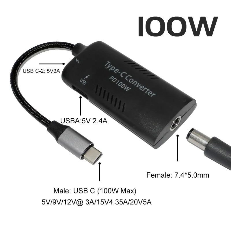 

Преобразователь постоянного тока 7,4X5,0 мм «Мама»-«папа» USB C «папа», 100 Вт, 5 А, адаптер питания USB Type-C, соединитель для Macbook, Samsung