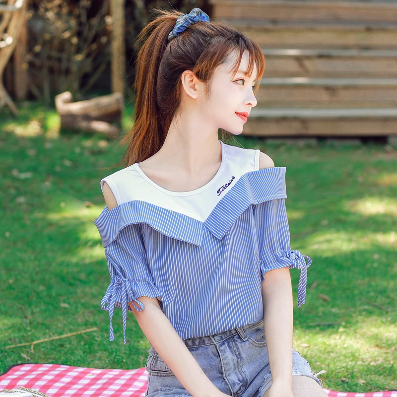 

Chikichi Sweet Summer New Short-sleeved Korean Version Off-the-shoulder Striped Woman Tshirts Embroidered Chiffon Top Women