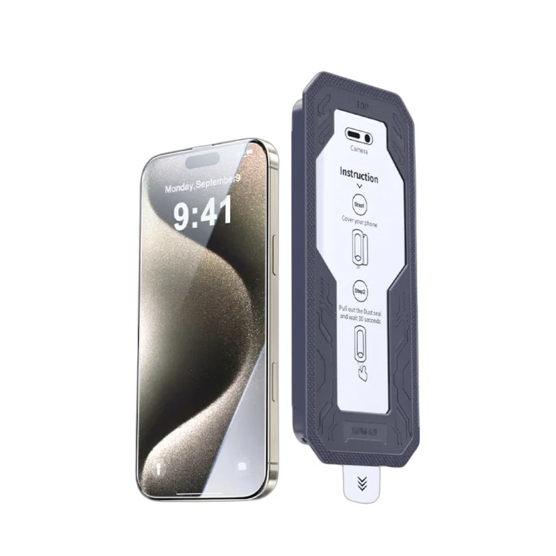 Фото Защитный бокс Zicore M9 Armor для установки без пыли с защитным стеклом для iPhone 15 16 17 Pro Max, HD прозрачный, с функцией конфиденциальности №1