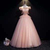 2022 pink prom dresses tulle lace up appliques ball gown off the shoulder princess evening party dress women vestidos de gala