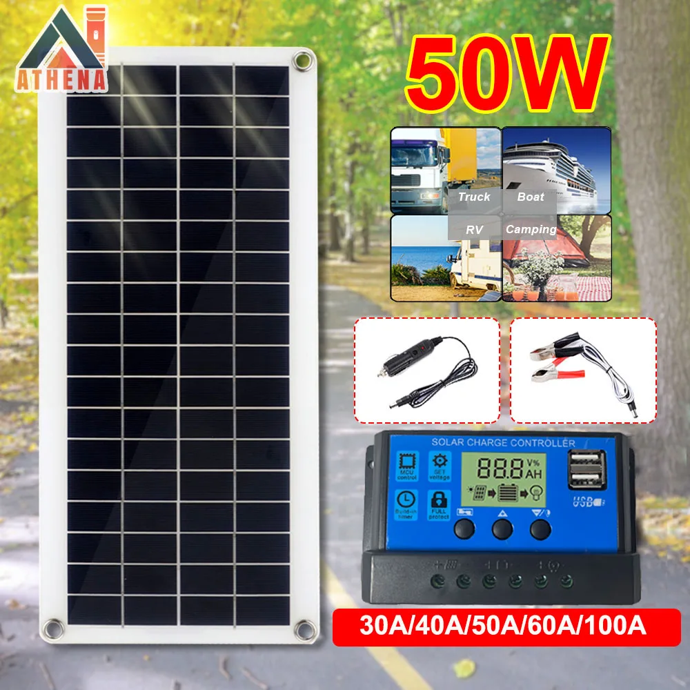 

50W Solar Charger Kit Portable Flexible Solar Panel with Controller 5V USB Waterproof Outdoor Camping Travel Phone Sunpower Bank