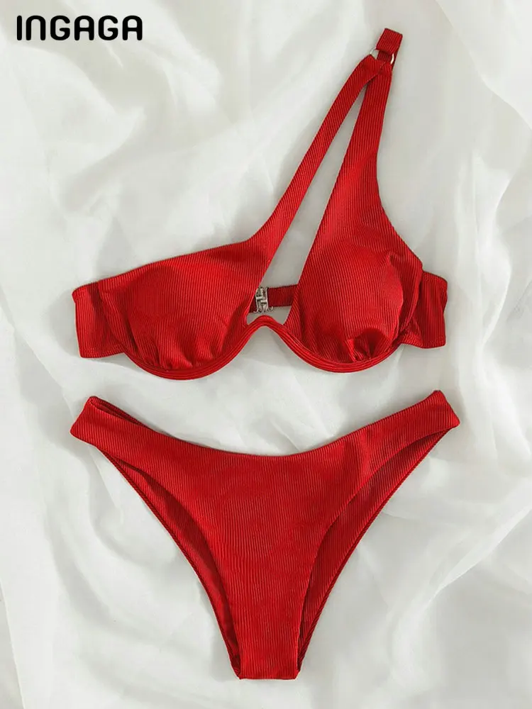 

Бикини на одно плечо INGAGA, женский купальник в рубчик, купальник пуш-ап, однотонный купальный костюм, Женская пляжная одежда с высоким вырезом, бикини на косточках