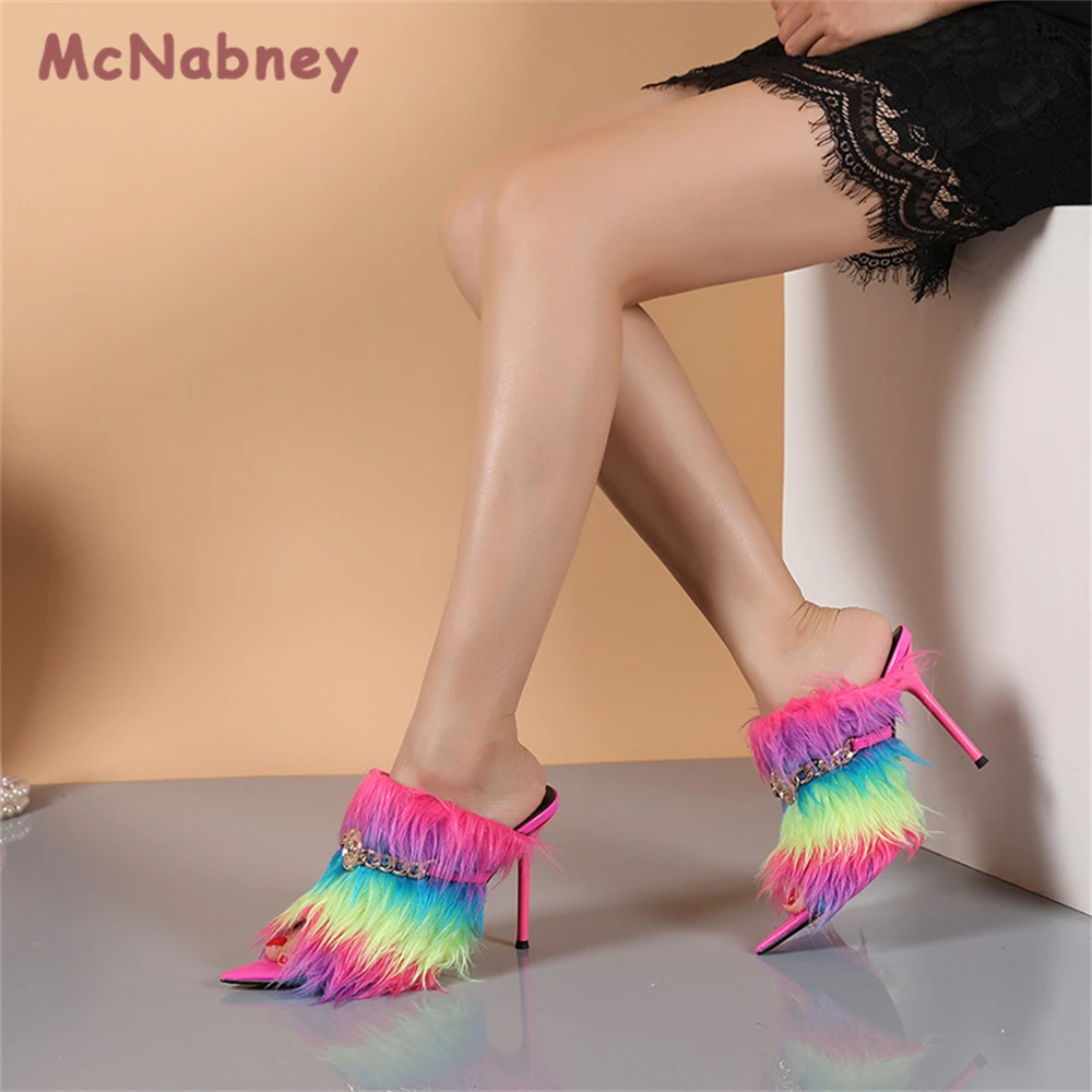Summer Women Fur Slippers Fluffy Fur Slippers Metal Buckle Sandals Outdoor Flip Flops Fashion Thin Heels Rainbow Fluff Shoes