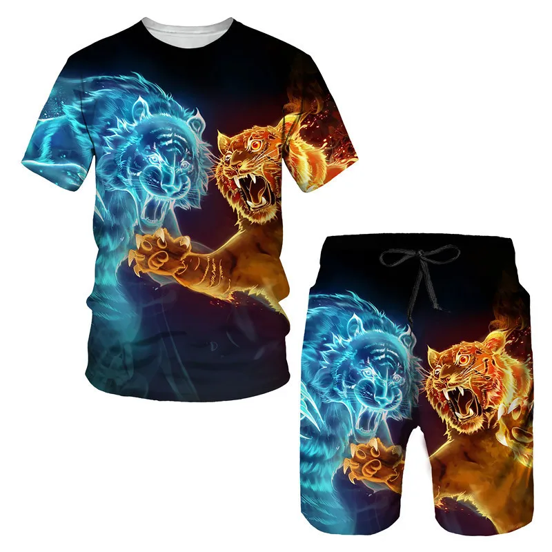 Funny Tiger Print T Shirt For Men Short Pants 2 Piece Sets Summer Hip Hop Trend Short Sleeve Tees 3D Animal Harajuku Sports Tops