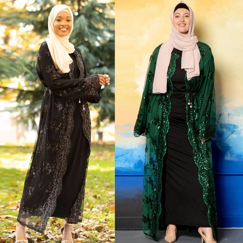

Women Muslim Robe Autumn Solid Color Loose Sequins Stitching Cardigan Robe Women's Long Sleeve Lace-up Loose Arab Dubai Robe
