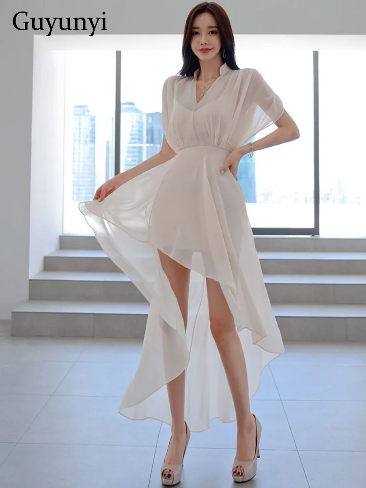 

Elegant Vintage Dress Summer Chiffon Apricot Pink V-Neck Raglan Sleeves High Waist Line Irregular Party Dress Women