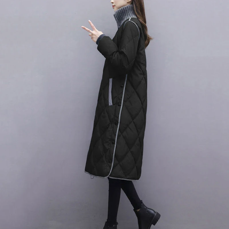 Oversized 4XL Stand Collar Mid Length Parkas Korean Long Sleeve Women Jackets Elegant Warm Thin Cotton Padded Winter Coat
