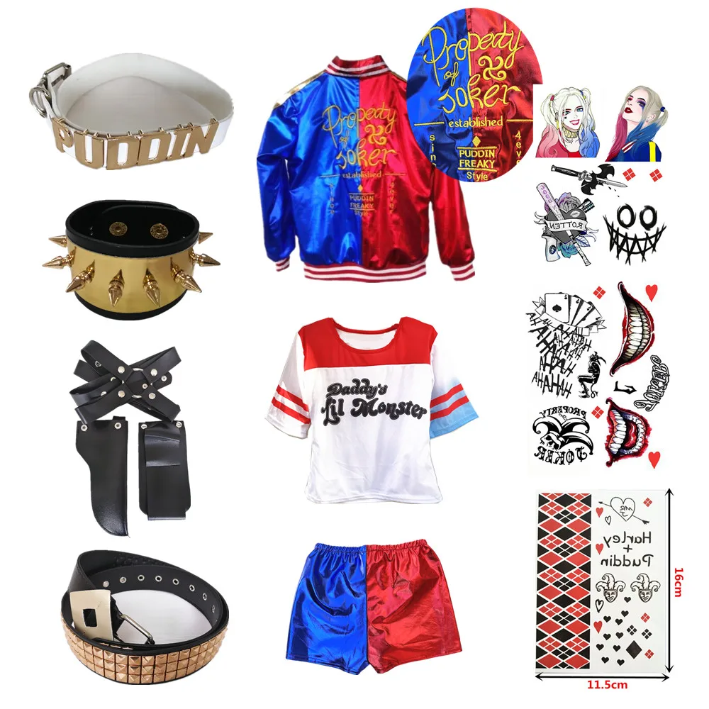 

New Year Suicide Harley Kids Girls Cosplay Costumes Squad Quinn Monster Jacket Pants Embroidery Sets Christmas Party Clothes