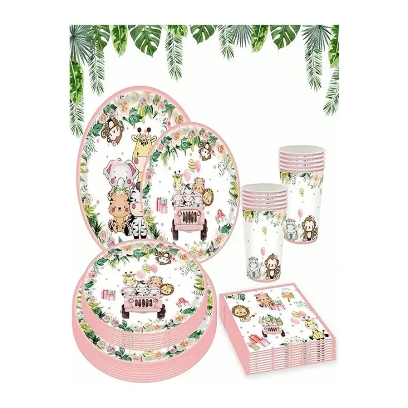Тема сафари в джунглях принадлежности для дня рождения розовые набор посуды с