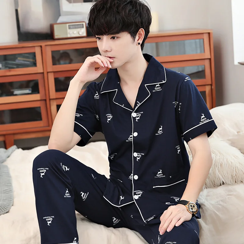 Spring and autumn men's pajamas 100% cotton short-sleeved trousers youth summer plus size loose home wear