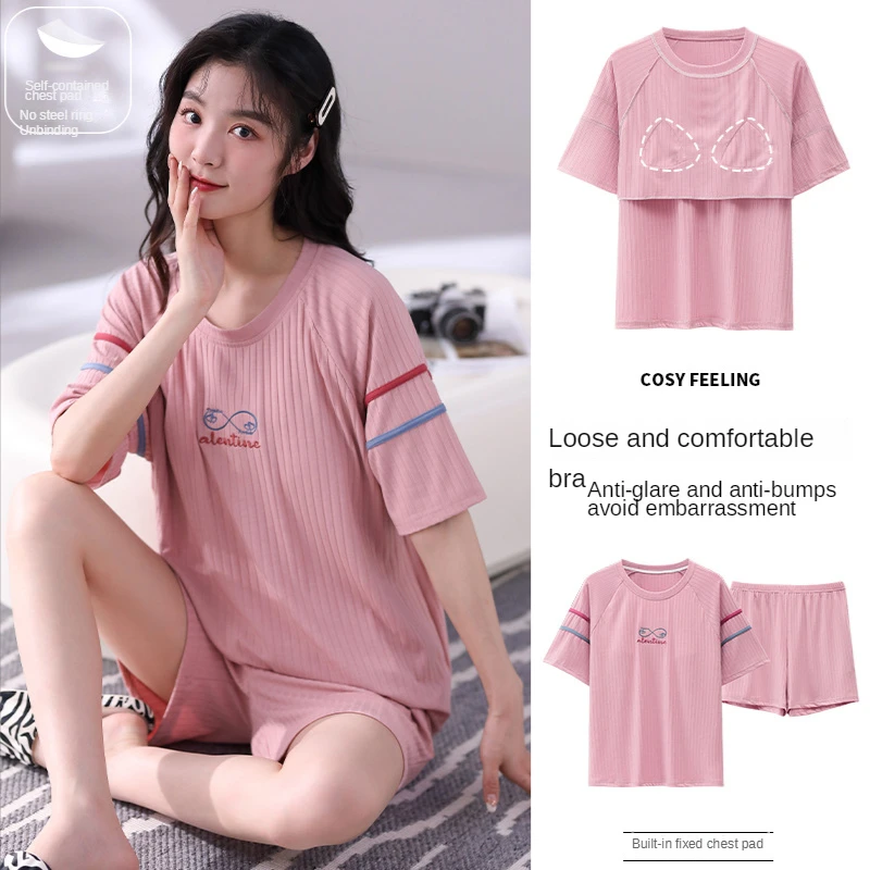 Pajamas with Chest Pad Comfortable Short Sleeve Ladies Women Summer Pajama Sets Printed Modal Sleepwear Young Girl Stye Clothes