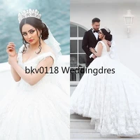 modern arabic ball gown puffy wedding dresses v neck sleeveless lace appliques long chapel train plus size bridal gowns